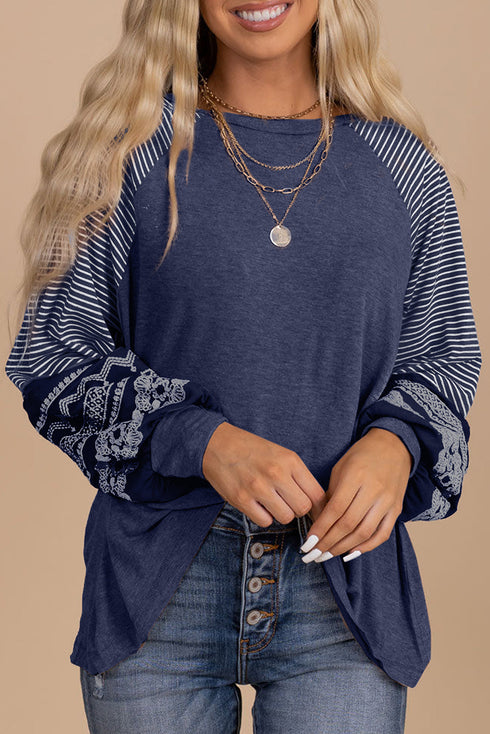 Contrast Print Striped Raglan Crew Neck Loose Long Sleeve Top